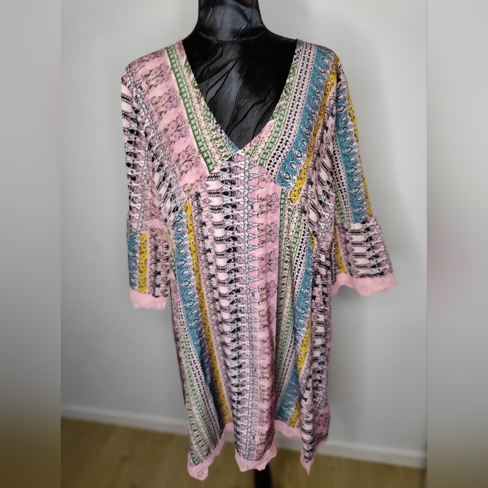 Bohemian Traders Pink and Blue Patterned Long Sleeve Dress